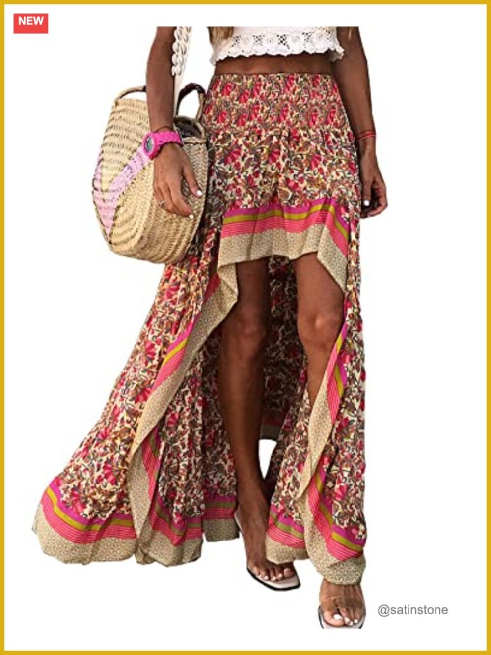Boho Floral High Low Maxi Skirt with Ruffle Hem High Waist